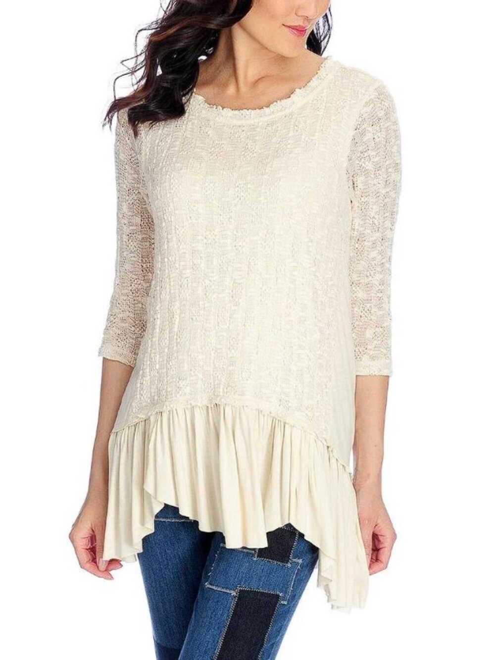 INDIGO THREAD CO. Women's Mixed Media 3/4 Sleeve Flounce Hem Tunic Size 2X